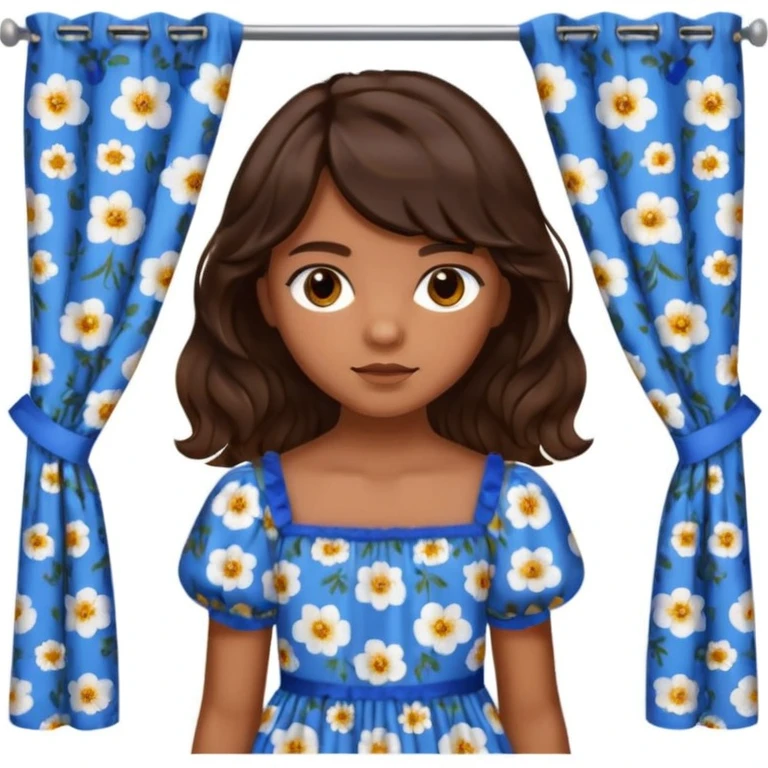 Teenage girl with golden brown skin, chocolate brown eyes, dark wavy hair with curtain bangs, and blue floral dress emoji