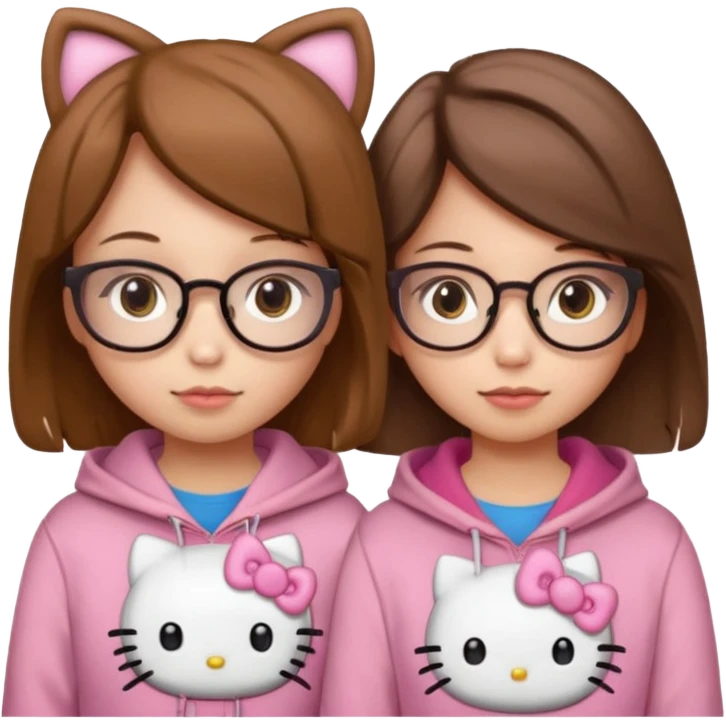 2 girls wearing a hello kitty hoodie. both girls have brownish hair and hazel eyes (one girl has lighter eyes than the other and also wears glasses in beige). emoji