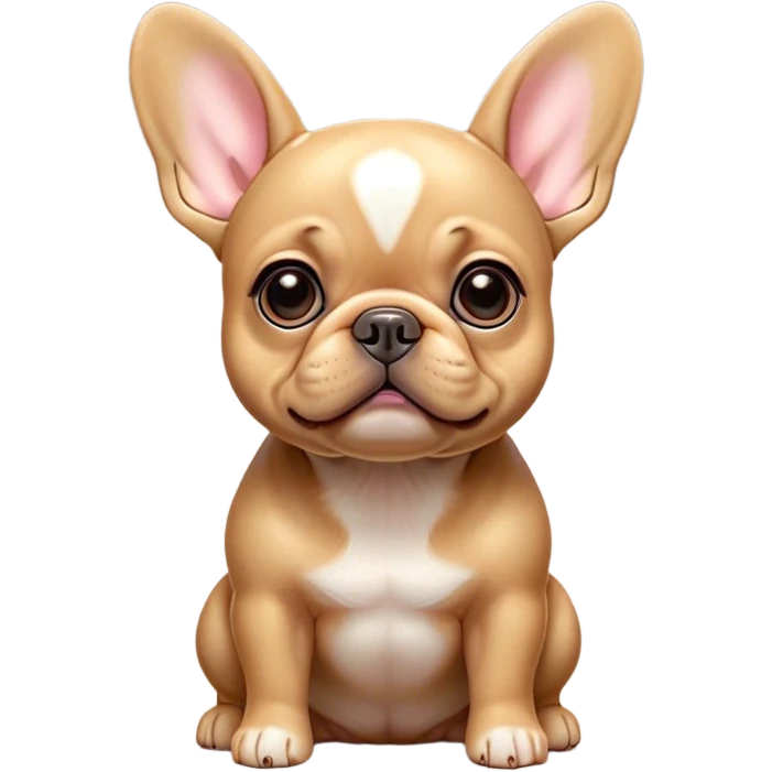 Cinematic Cute Fawn French Bulldog Portrait Emoji, Head tilted playfully and inquisitively, featuring a glossy fawn coat with a smooth texture, round, sparkling dark eyes filled with curiosity, Simplified yet irresistibly adorable features, highly detailed, glowing with a warm, friendly glow, high shine, affectionate and lively, stylized with a touch of whimsy, bright and endearing, soft glowing outline, capturing the essence of a mischievous yet loving companion, so playful it feels like it could prance out of the screen and into your arms! emoji