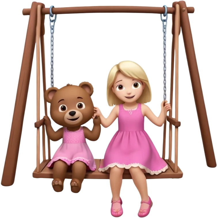 Create a 3D animated scene in the style of a children's cartoon. A small girl similar to Masha is sitting on a swing, smiling happily. A big friendly bear stands behind her gently pushing the swing. Bright colorful forest background, soft lighting, warm and playful mood." emoji