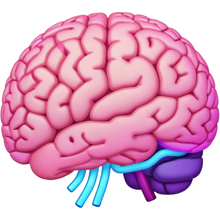brain in regular pink/flesh color, with neon glow effect, blue neon glow on top left, purple neon glow on bottom right emoji
