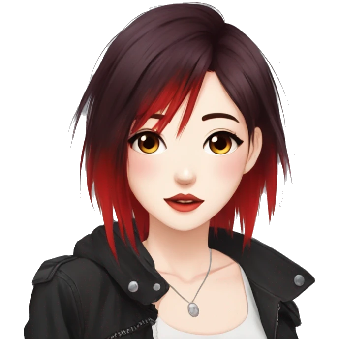 Gorgeous anime style lady with blushing face aesthetic and pretty edgy black red punk hair with hair garment trending style emoji