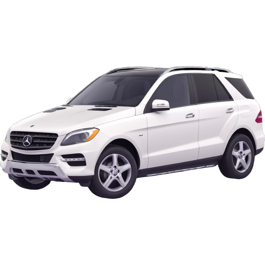 3D style image of a 2015 Mercedes Benz ML350 SUV, white exterior, black interior, three-quarter angle emoji