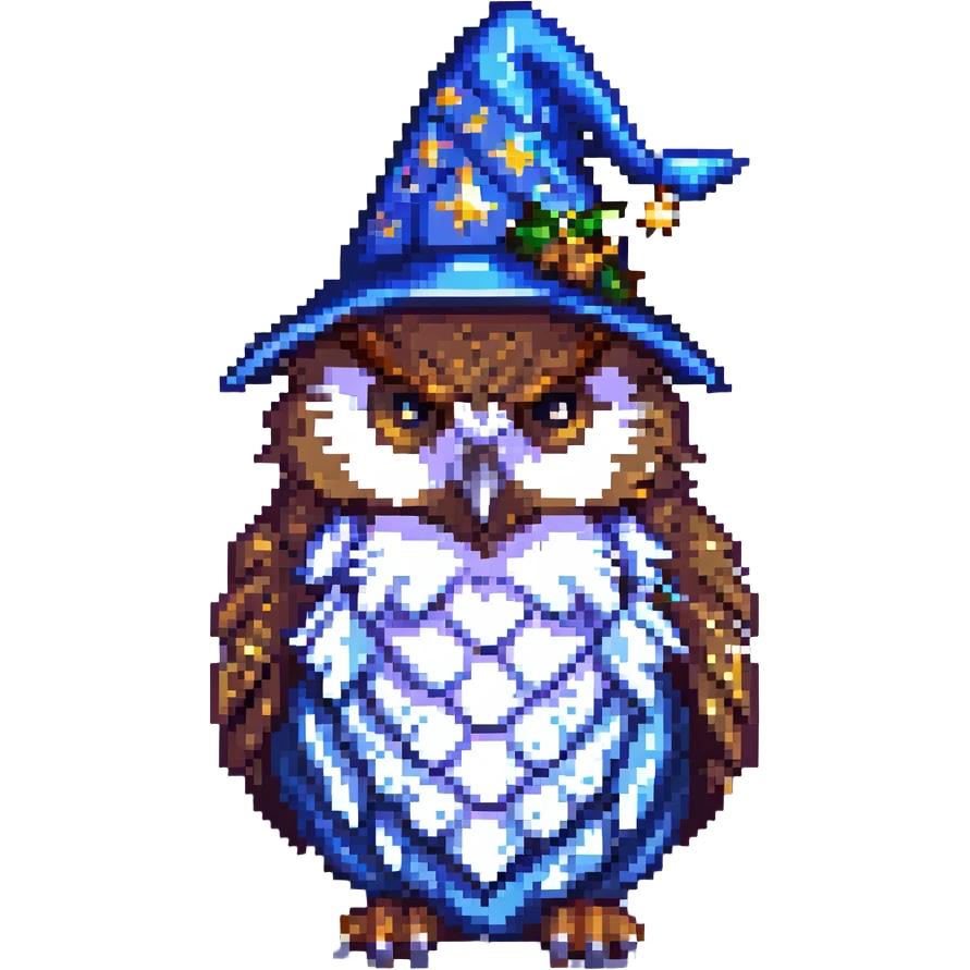 pixel art owl wearing a starry wizard hat emoji