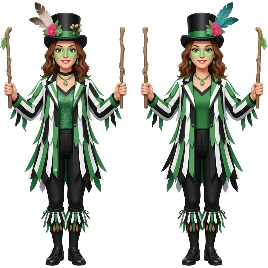 Female Morris dancers carrying a stick with a ragged jacket in black white and green stripes with the occasional piece of sparkly fabric. A top hat decorated with feathers and flowers and green face paint.. emoji