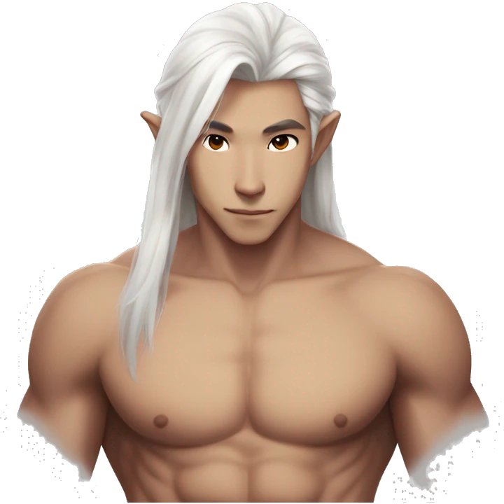 Asian masculine body shirtless abs long white hair elf  emoji