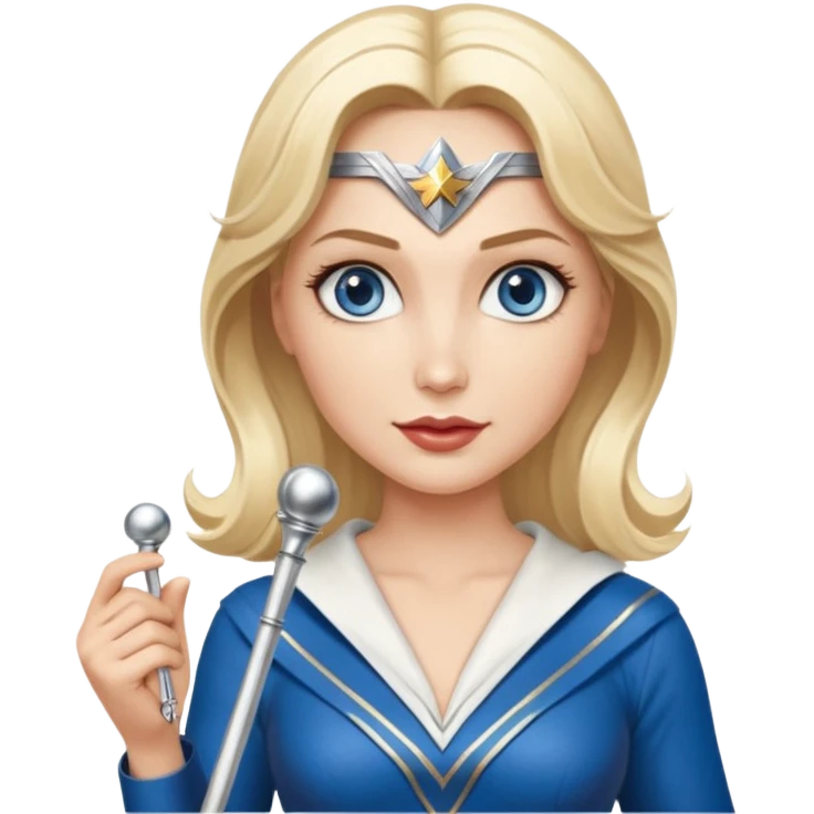 Blonde blue eyes Wonder Woman holding bell and short white orchestra conductor’s baton  emoji