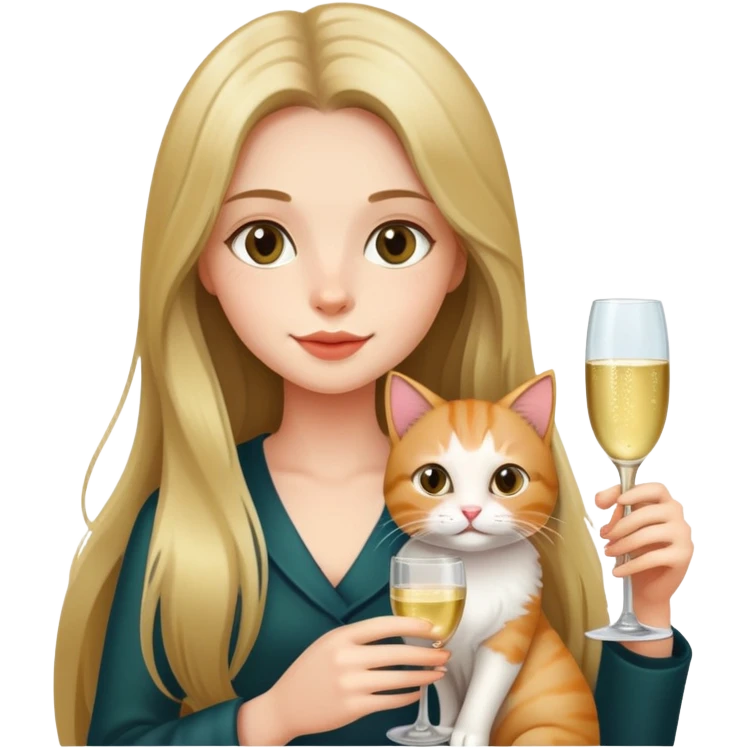 Long-haired girl holding a cat and drinking champagne emoji
