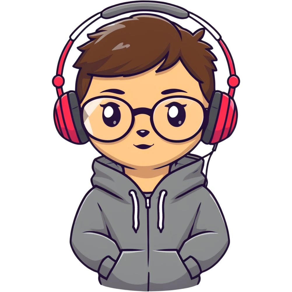 tan brunette girl with a short wolf haircut, round ruby glasses, black headphones, and a black hoodie emoji