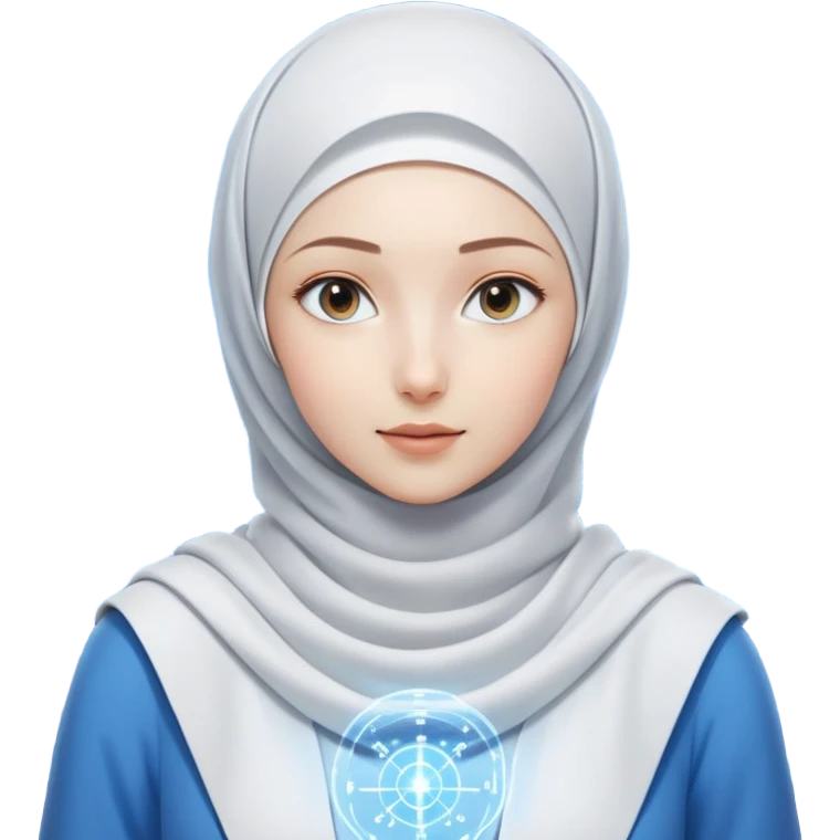 girl with white hijab in blue clothes, surrounded by screens displaying advanced holographic projections, quantum computing visuals, neural networks, futuristic UI elements, flowing digital code emoji