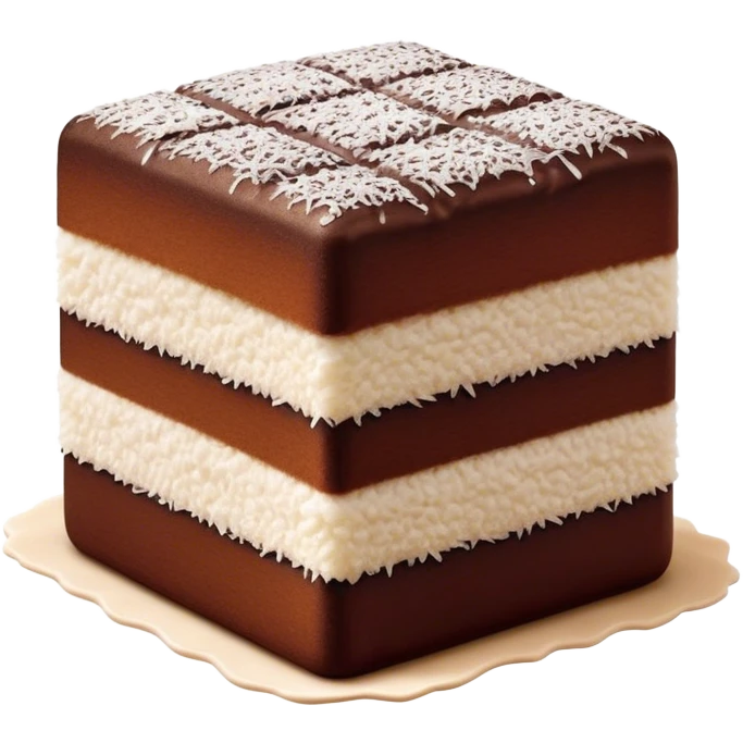 Lamington Cinematic Realistic Lamington Dessert Emoji, depicted as a sponge cake square coated in chocolate and dusted with coconut on all sides, rendered with lifelike textures and vibrant, tropical lighting. emoji