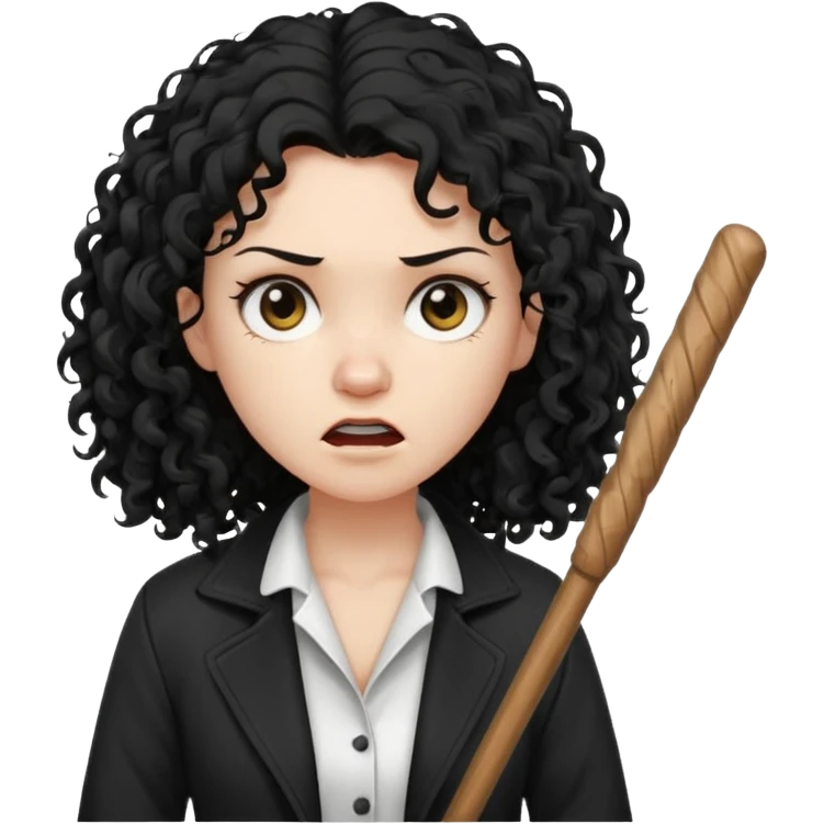 Hey, please generate me an emoji that depicts a woman white skin long black curly disheveled hair slightly thicker, she is wearing a white T-shirt and a black unbuttoned jacket she is furious she is holding a large wodden STICK  emoji
