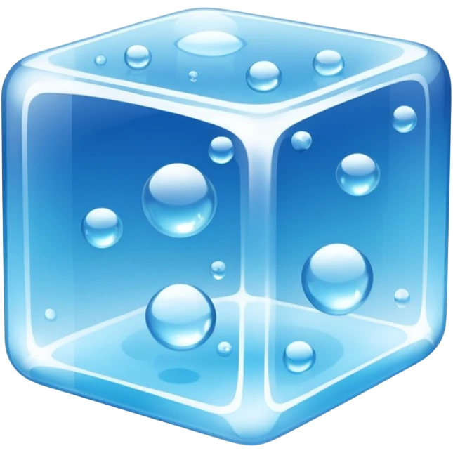 A single transparent ice cube with smooth rounded edges, highly detailed, crystal-clear with tiny air bubbles inside, glossy reflections, cool blue tones, soft shine on the surface, realistic lighting, floating on a clean blue background, ultra-high resolution, 3D look, sharp details emoji