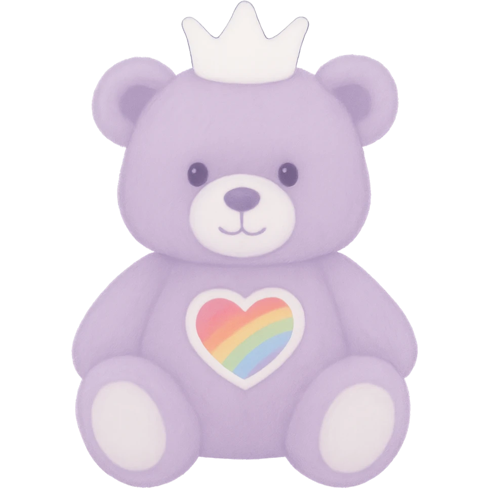 Change the crown to white on the purple and white teddy bear with a heart-shaped rainbow patch. Keep it soft and plush with no shadows and flat lighting. Remove the background. emoji