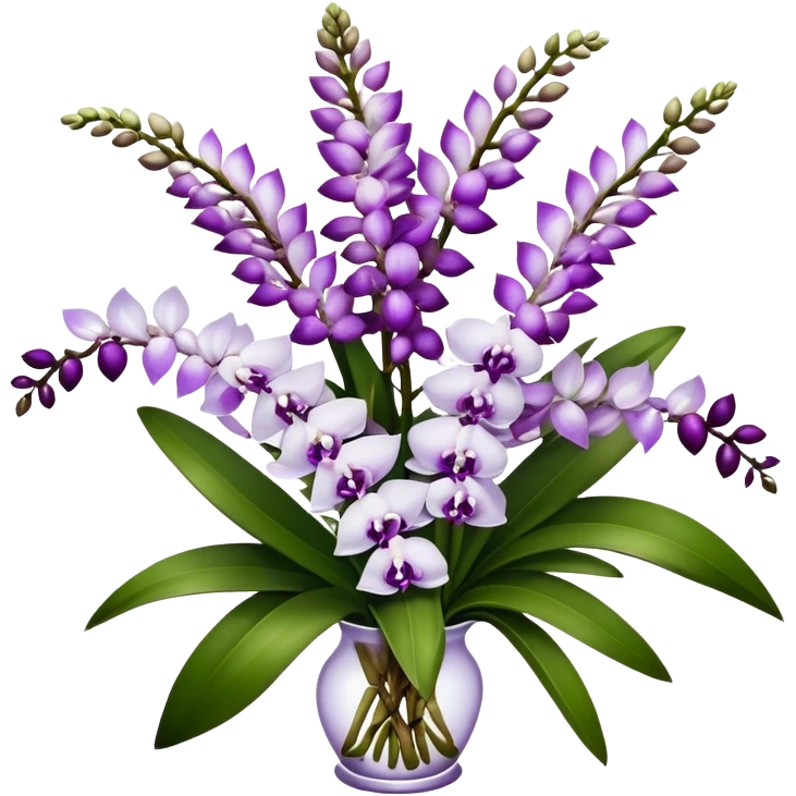 big bouquet white purple Rhynchostylis Orchid, stem, leaf, luxuriant emoji