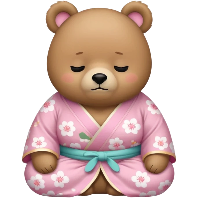 A cute chubby light-brown bear wearing a pastel pink sakura-patterned kimono, standard body and small round head, adorable simple face, sleepy half-closed eyes, small blush on cheeks, sitting while dozing off, tiny “zzz” floating above the head emoji
