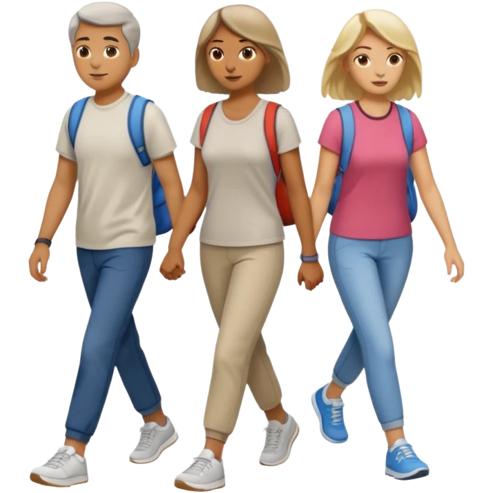 iOS emoji style - a men and 2 women in casual clothes and wearing trainers. Walking in the same direction quickly together. 
Not holding hands. No backpacks. 
 emoji