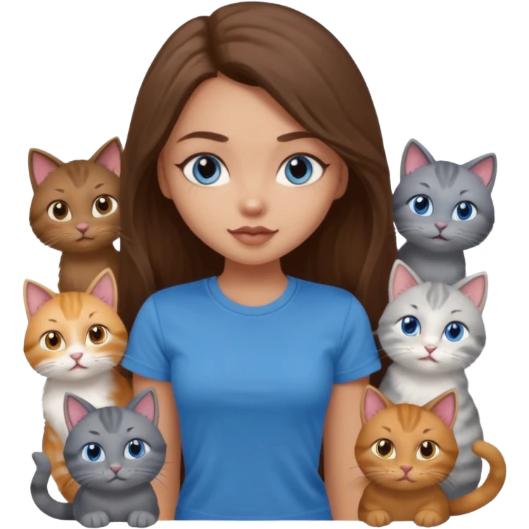 a pretty bratz dusky light skin girl with long brown hair, blue eyes with six cats nd wearing a grey tshirt emoji
