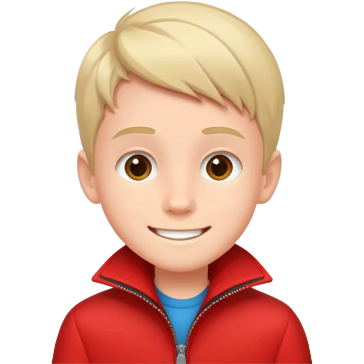 smiling boy in red jacket make the face skinnier emoji