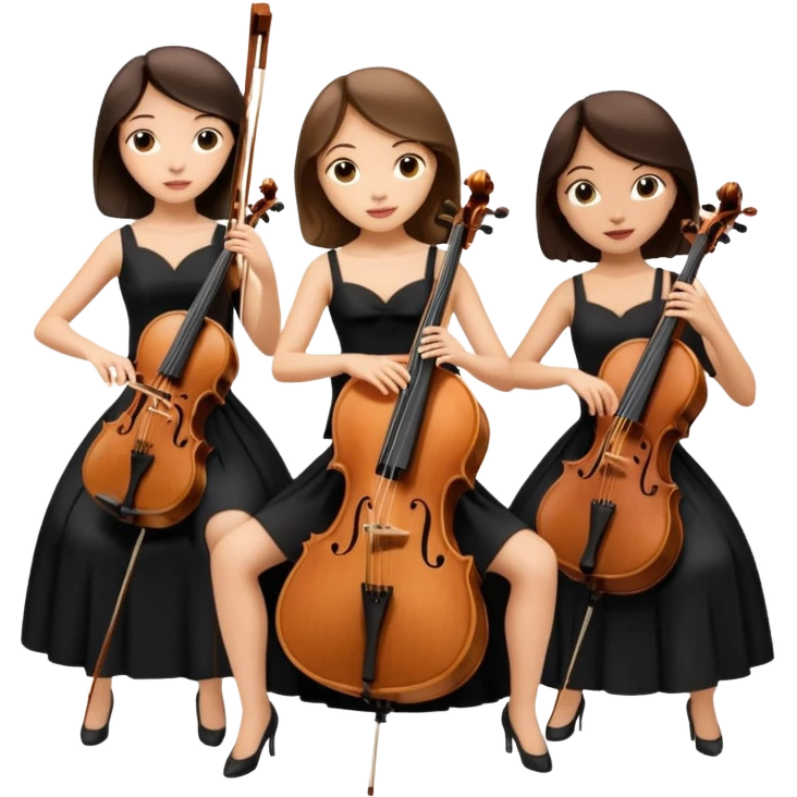 Create an imagine of three brunette women playing string instruments in black dresses, the first is playing a cello, the second is playing a viola and the third is playing the violin emoji