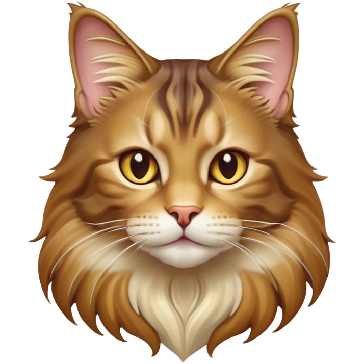 Cinematic Cute Maine Coon Cat Portrait Emoji, Head tilted playfully and inquisitively, sleek brown, gold, and cream tones, Simplified yet adorable features, highly detailed, glowing with a warm, friendly glow, high shine, curious and affectionate, stylized with a touch of whimsy, bright and alert, soft glowing outline, capturing the essence of a mischievous yet loving kitten, so endearing it feels like it could pounce out of the screen and play with its fluffy tail swishing! emoji
