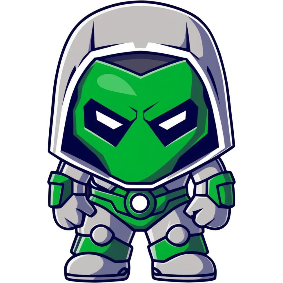 Doctor Doom standing tall with bright green eyes behind metal mask emoji