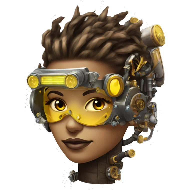 Brown with yellow streaks Mohawk hair female cyborg head, tan skin, steampunk goggles and circuits emoji