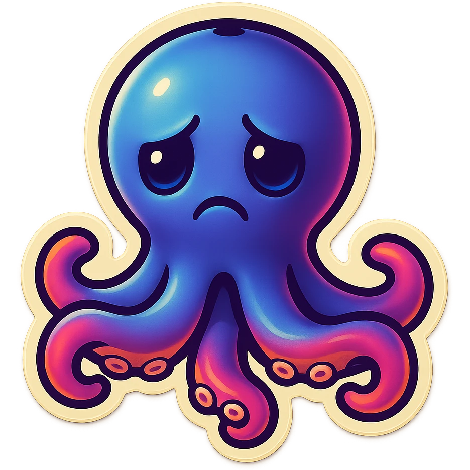 Change the octopus emoji's face to a sad expression, keep the style and pose the same, transparent background. emoji