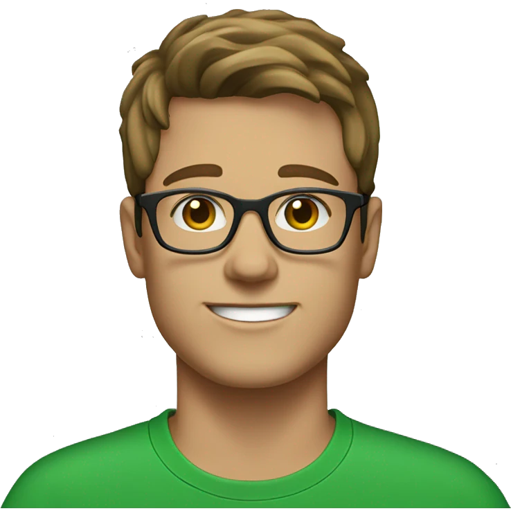 white young man with brown hair and square glasses wearing green t-shirt with laptop emoji