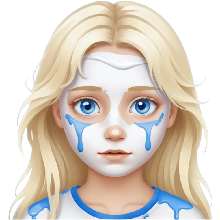 Girl with blue eyes and "white" paint on her face with long blond messy air,  emoji