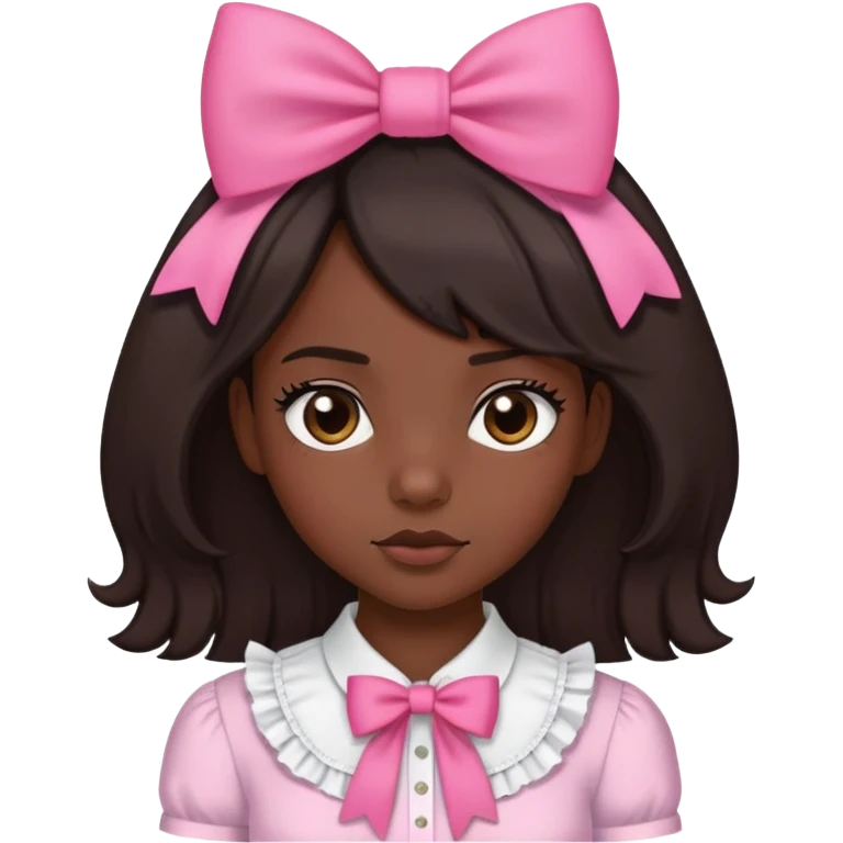 darkskin black girl, with straight shoulder length dark brown hair, a pink bow in her hair, with a frilly white shirt on emoji