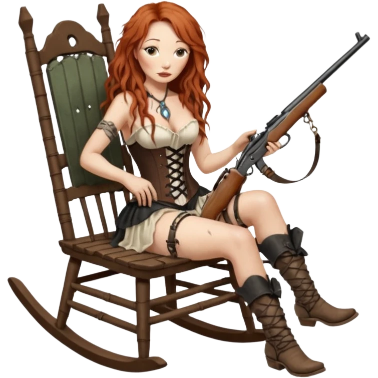 realistic cinematic Tori Amos sits on a rocking chair in a torn corset, holding an antique rifle and her bare feet are muddy. A white snake is wrapped around the chair. emoji