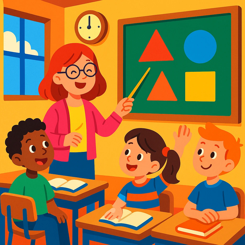 students in classroom, teacher explaining geometric shapes, colorful, cheerful, cartoon style emoji