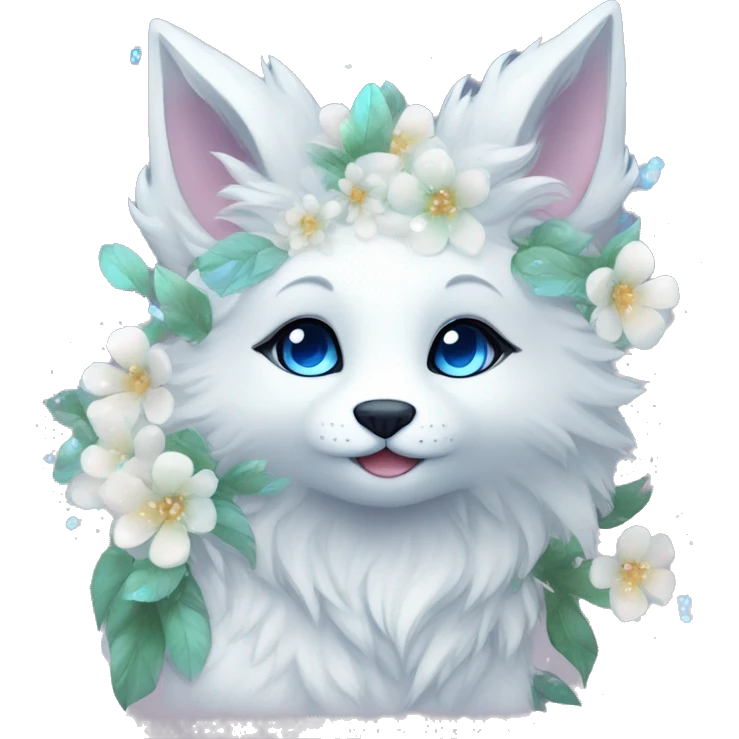 Anthro Cute Cool Kawaii gorgeous sparkly ethereal white fantasy animal creature with blue eyes furry sona with flowers beautiful aesthetic emoji