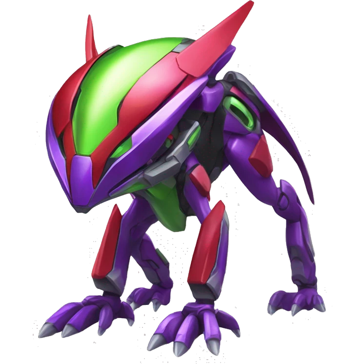 a shiny purple-green-red Genesect-Raptor-Fakémon—hybrid with a futuristic visor-helmet full body emoji