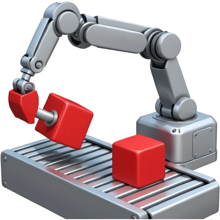 robot arm which is picking block on conveyor belt emoji
