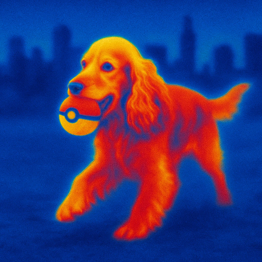 Russian Cocker Spaniel playing with a Poké Ball in its mouth with a city background emoji