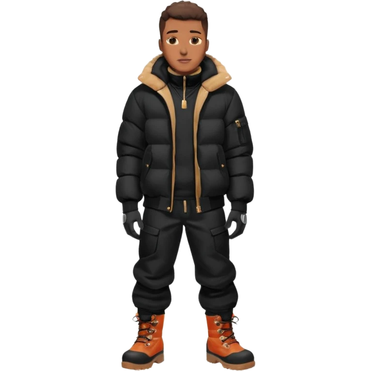 Handsome Black grown man with brown skin tone, wear black joggers, a black bubble coat, and buckwheat timberland boots, and black gloves emoji