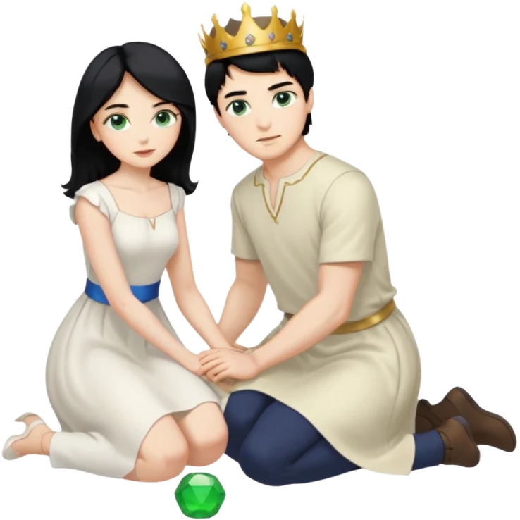 King, man, black Hair, blue eyes, whole body, Woman, bending knees, blonde, green eyes, White Dress, emoji