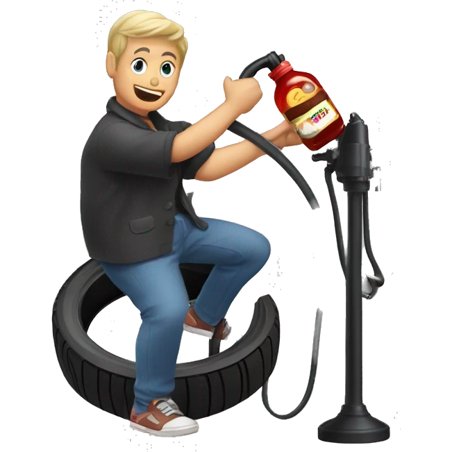 image of a midget using a tyre pump to pump a jar of jam emoji