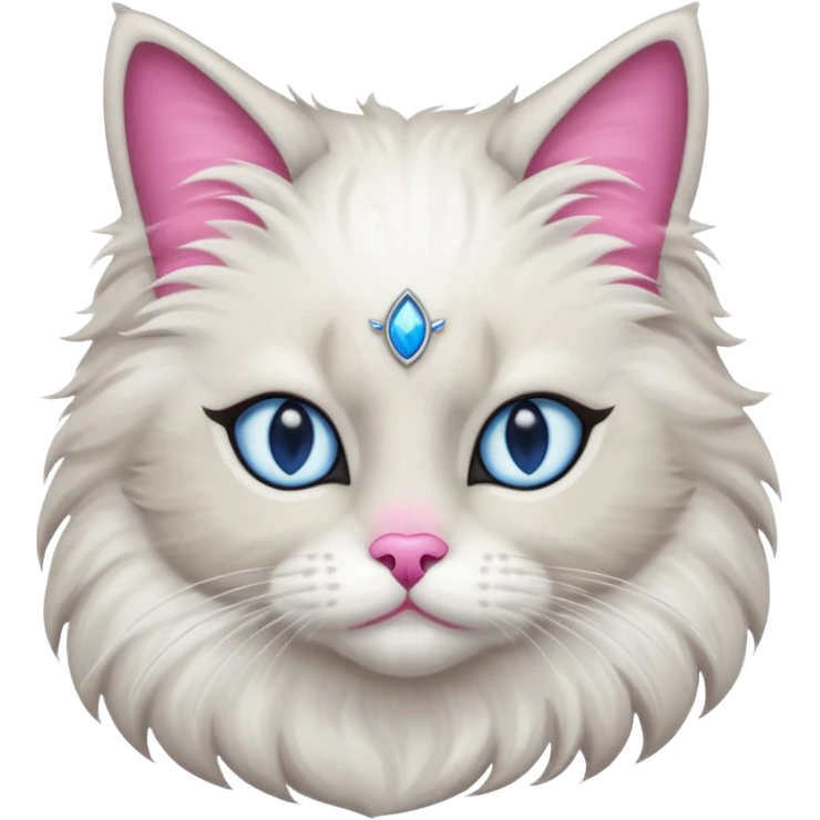 Neva masquerade cat, very fluffy, gray and white, with blue eyes and pink nose emoji