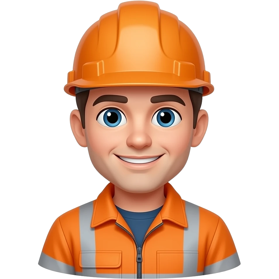 engineer sitting in full hi vis orange overalls, orange helmet, looking happy emoji