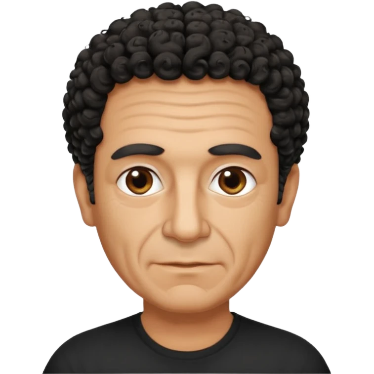 60 year old Greek man with short black curly hair that sticks up and has a black shirt emoji