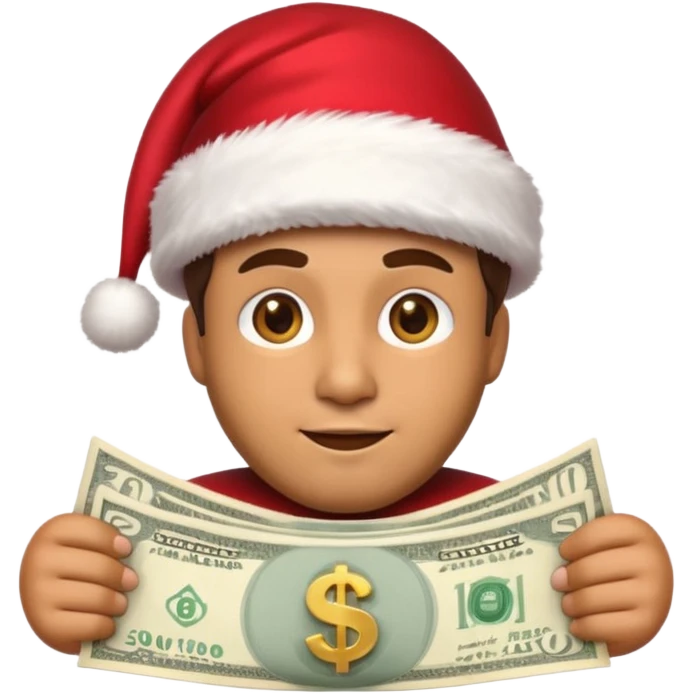 A confident rich emoji face wearing a Santa hat, money stacks, casino vibe, New Year theme, premium 3D emoji style, sharp details, no text, isolated on transparent background emoji