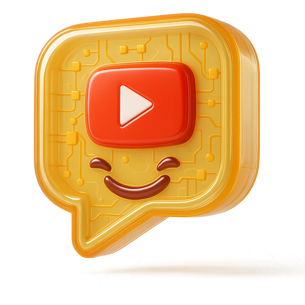 speech bubble with a playful sarcastic grin, red YouTube play button, glossy circuit style emoji
