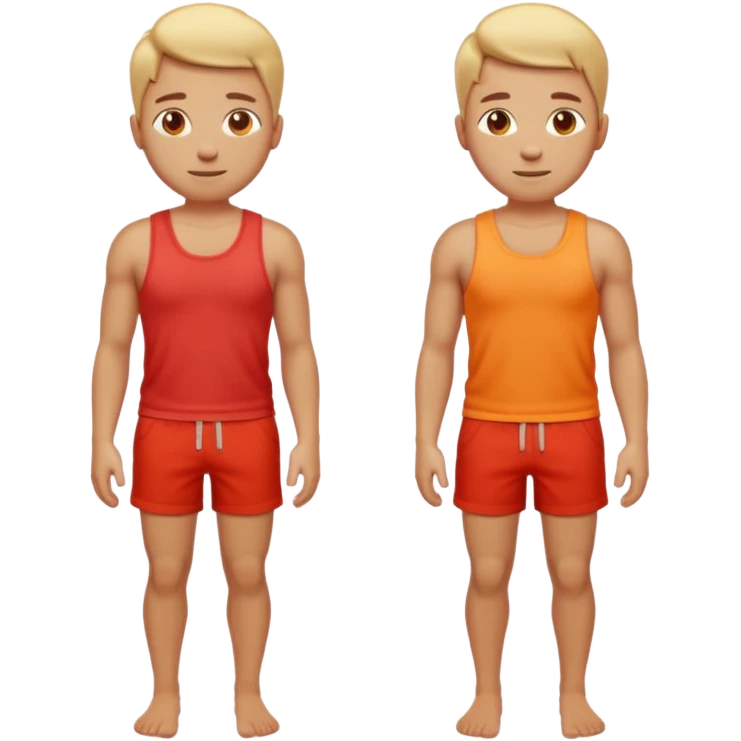 Emoji-style person standing in beach shorts, skin visibly sunburned and red on arms, legs, and face, but chest and shoulders clearly lighter with tank top tan lines. Expression shows mild pain or discomfort, cute rounded emoji design, soft 3D shading, vibrant colors emoji