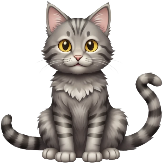 cinematic-[grey tabby cat]-realistic-full-body-sitting-emoji,-tail-curled-playfully-around-its-paws,-head-tilted-dramatically,-scruffy-[grey]-fur,-simplified-yet-realistic-focused-features,-highly-detailed,-glowing-with-an-almost-sarcastic-glow emoji