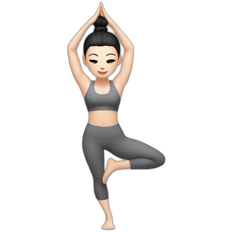 Pale skinned fit woman In a gray tight yoga suit and wristbands With black hair in a bun doing yoga emoji