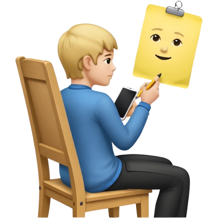 Memoji sitting on a chair from behind (pnly hair and back of the chair shown) writing on a sticky note  emoji