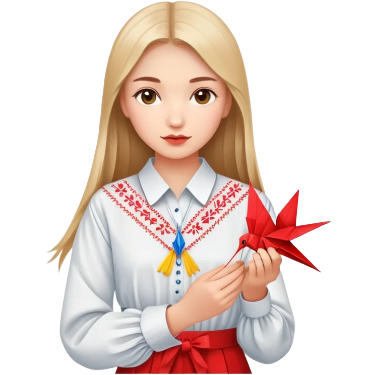 Ukrainian young girl in traditional embroidered vyshyvanka shirt holding a red origami paper crane emoji